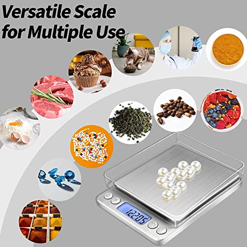 Nabelisen Grams Scale Ounce Mini Scale, 3000g by 0.1g Accuracy, Digital Food Kitchen Durable Scale for Baking,Jewelry, Herbs, Seasoning,9 Units Conversion,Tare Function, Trays Included,Silver