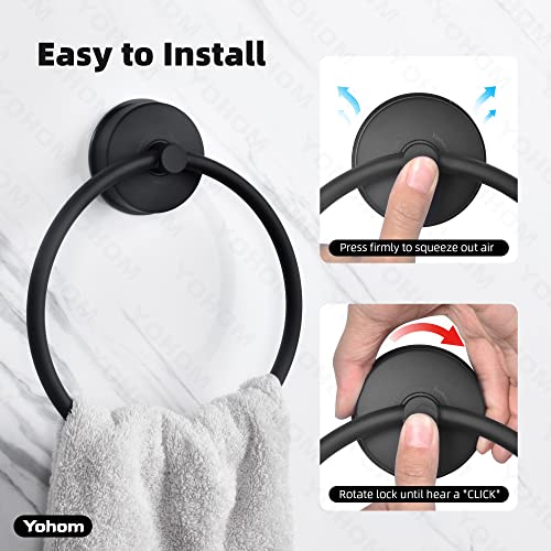 YOHOM Bathroom Towel Holder Suction Hand Towel Ring Stainless Steel Vacuum Towel Hanger Bath Round Towel Holder Suction Cup Bathroom Hanger Wall Towel Rack Wall Mounted Kitchen No Drill Matte Black