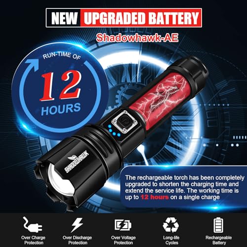 Shadowhawk Flashlight Led USB Rechargeable, 10000 lumens Torch Light XHP70.2, Super Bright Tactical Flashlights, IP67 Waterproof Zoomable, for Outdoor Camping Hiking Emergency(with Battery)