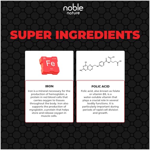Noble Nature Iron with Folic Acid & Spinach Extract Supplement - 120 Tablets | Iron, Zinc, Vitamin C, Folic Acid & Vitamin B12 |