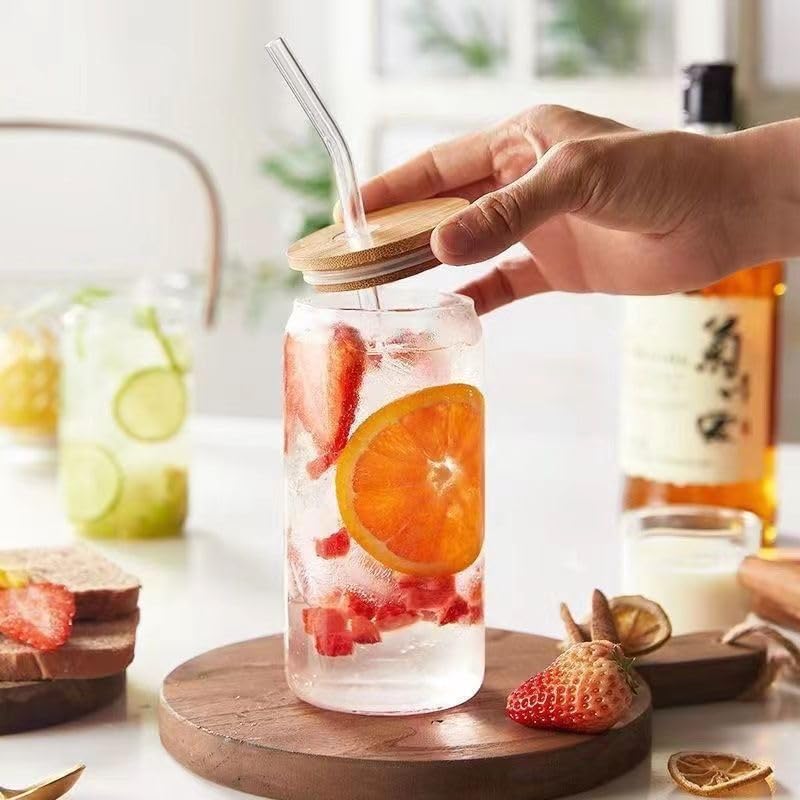2PCS Drinking Glasses with Bamboo Lids and Glass Straw, Beer Can Shaped Glass Cups, Tumbler Cup Ideal For Beer, Tea, Soda, Iced Coffee Include 500ml