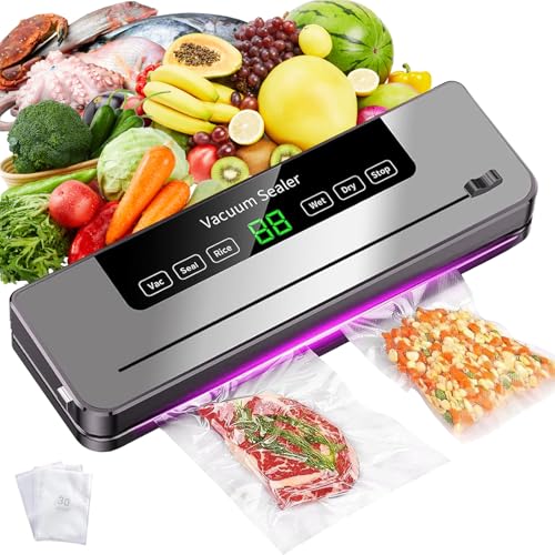 Necomi Vacuum Sealer, 6-in-1 Automatic Sealing Food Saver Machine with 30Pcs Sealing Bags, Dry & Moist Sealing Modes, Built-in Cutter,for Food Fresh and Storage