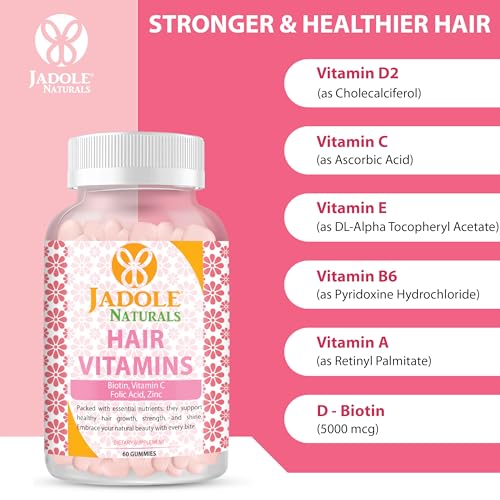 Jadole Naturals Hair Vitamins 60 Gummies with Biotin 5000 mcg, Vitamin C, Folic Acid & Zinc | Supports Hair Growth & Reduces Breakage, Healthy Skin & Nails, Multivitamins & Essential Nutrients, Vegan