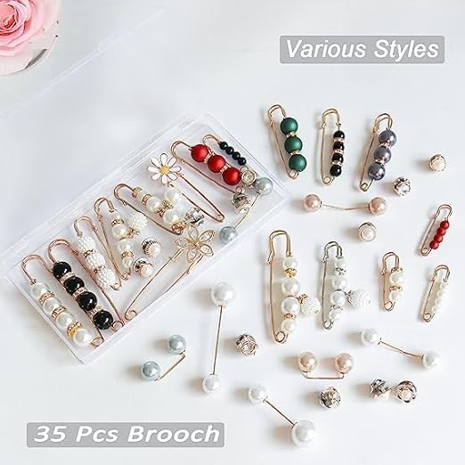 IWTEIPAN 35 Pcs Pearl Brooch, Hat Clip Neckline Pins, Double Faux Pearl Brooches, Women, Girls Fashion Cover Up Buttons, Clothing Dresses Decoration Accessories, Pant Waist Tightener Safety Pins