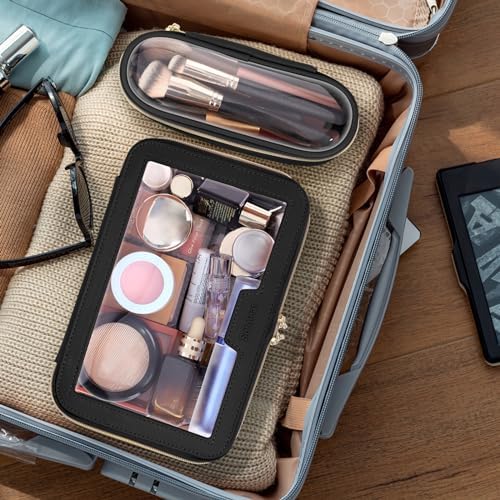 Soimeat Travel Clear Makeup Bag with Makeup Brush Bag, Leather Makeup Case Toiletry Bag, Portable Cosmetic Bag Case, Transparent Waterproof Cosmetic Organizer Storage Bag for Women, Black