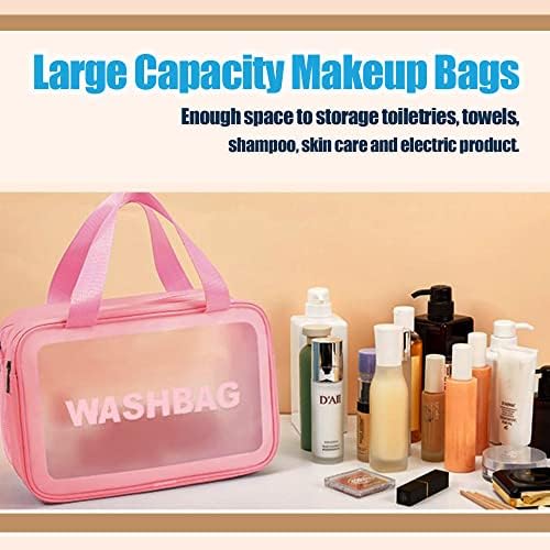 YIMIKE Travel Toiletry Bag,Large Clear Makeup Bags, 2 in 1 Cosmetics Bag,Transparent Skin Care Bag for Toiletries,Waterproof & Draining Make up Bags,PVC Thickened Wash Bag for Women Men (Pink)