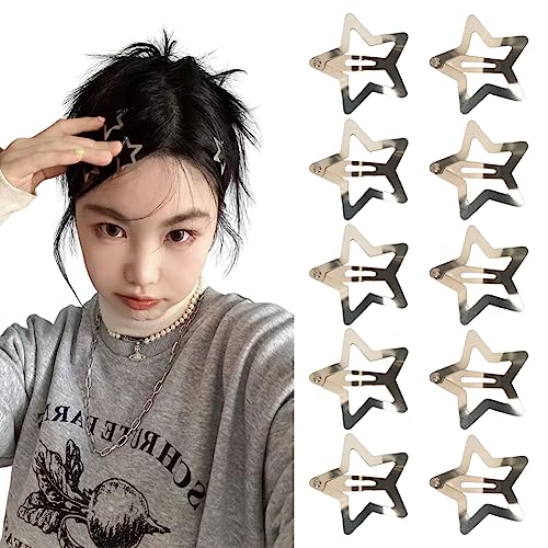 Kefley Star Snap Hair Clips Silver Y2K 2000s 10 Pieces Girls Hair Barrettes Hairclips Headpieces Non Slip Metal Stars Hair Accessories for Women Girls