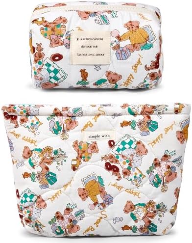 Sminra Floral Makeup Bag Large Cotton Quilted Cosmetic Makeup Bag Organizer, Aesthetic Portable Pouch Purse Toiletry Bag for Women Girls Travel accessories(Blue Floral-L)
