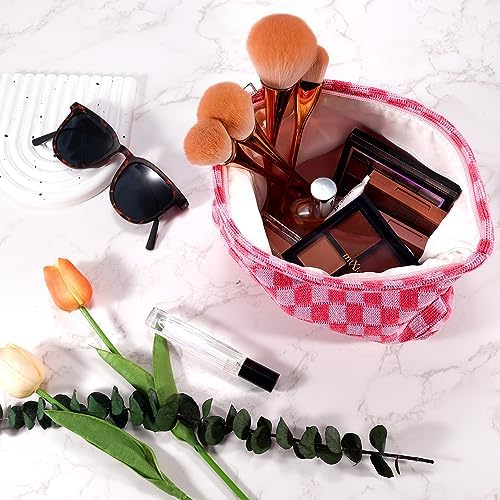 ZLFSRQ 3Pcs Checkered Makeup Bag for Women Large Cosmetic Bag Set Travel Toiletry Bag Makeup Pouch Bag for Purse Pink Zipper Storage Bag Organizer Cute Small Aesthetic Girls Car Essentials Bag
