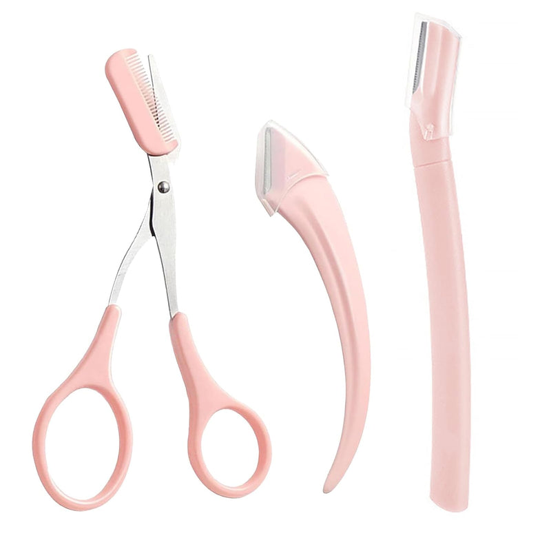 Juformin Eyebrow Trimmer Set, 3 Pcs Eyebrow Lamination Kit,Eyebrow Scissors with Comb& Curved Eyebrow Razor&Straight Eyebrow Razor,Convenient Beauty Tools for Men Women(Pink)