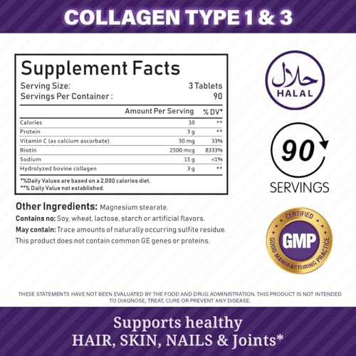 NBL Natural Super Collagen Tablets â€“ 270 Tablets â€“ Collagen Type 1 & 3 with Vitamin C & Biotin â€“ 3g Per Serving â€“ Supports Hair, Skin, Nails & Joint Health â€“ 90 Servings