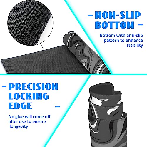 Desk Mat, Abstract Black White Ink Liquid Waves Extended Gaming Mouse Pad Large, 31.5"x11.8" Big Mouse Pad with Non-Slip Base and Stitched Edge, Long Computer Keyboard Mouse Mat for Home Office Work