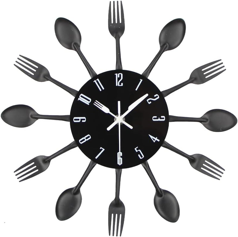 Timelike 3D Removable Modern Creative Cutlery Kitchen Spoon Fork Wall Clock Mirror Wall Decal Wall Sticker Room Home Decoration (Black)
