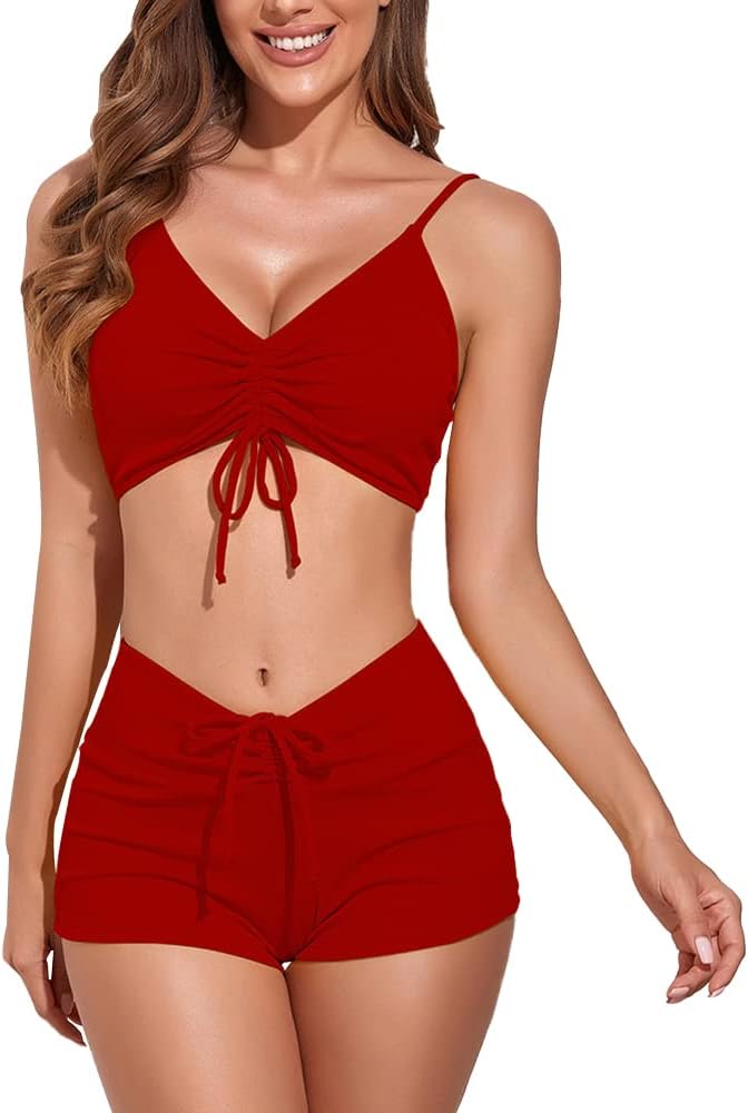 Swimsuits for Women 2 Piece Bathing Suits Bikini Set Drawstring Front Adjustable Spaghetti Strap Swimming suit Tummy Control Swimwear Beachwear