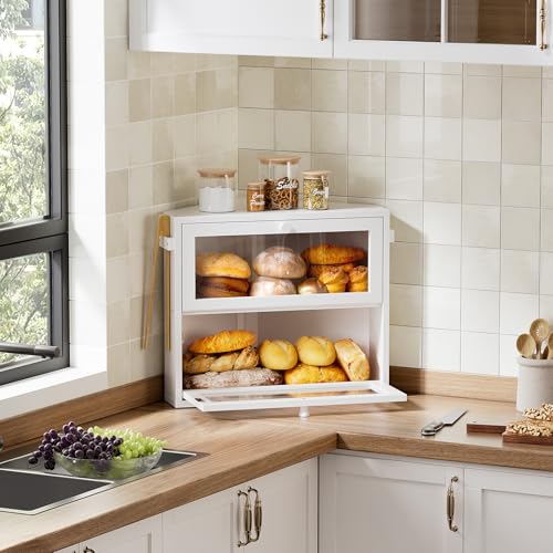 WOWLIVE Corner Bread Box for Kitchen Countertop, Large Double Layer Bread Storage Container for Homemade Bread, Black Bread Holder for Kitchen Counter, Under Cabinet Organizer (White, Medium)