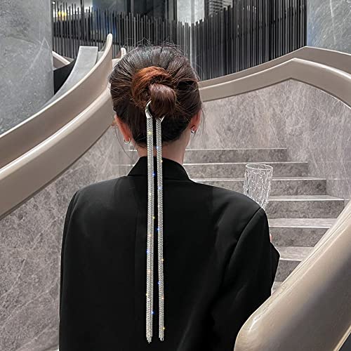 Excefore Punk Tassel Hair Clips Bling Crystal Long Chain With Clips Ponytail Head Chain Decorated Hair Barrette Hairwear Festival Nightclub Party Hair Chain for Women and Girls (Silver)