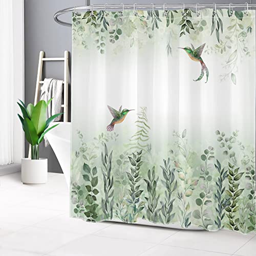 EOBTAIN Sage Green Leaves Shower Curtain Eucalyptus Hummingbird Bird Shower Curtains White Green Leaf Botanical Plant Floral Cottagecore Aesthetic Bathroom Curtain 12 Hooks Durable Fabric 72X72Inches