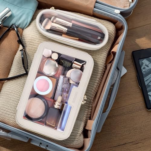 Soimeat Travel Clear Makeup Bag with Makeup Brush Bag, Leather Makeup Case Toiletry Bag, Portable Cosmetic Bag Case, Transparent Waterproof Cosmetic Organizer Storage Bag for Women, Black