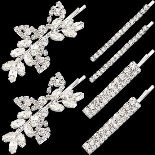 6 Pcs Rhinestone Bridal Hair Clip, Leaf Wedding Hairpin, Bride Crystal Hair Barrette Accessories For Women, Diamond Bobby Pins, Jewelry Barrette (Silver, Rhinestone Style)