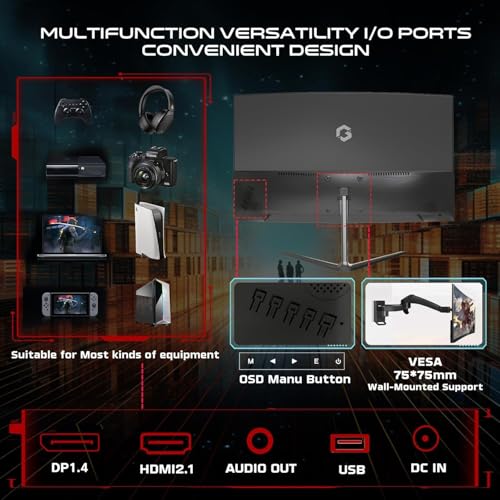 GAMEON GOC24F180VA Pro Series Curved Gaming Monitor 24 inch, 1920x1080p FHD Fast VA Panel, 180Hz, 0.5ms, HDMI 2.1, G-Sync & Freesync, Crosshair assistant, Built-in Speakers, Supports HDR, PS5, VRR