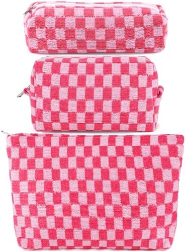 ZLFSRQ 3Pcs Checkered Makeup Bag for Women Large Cosmetic Bag Set Travel Toiletry Bag Makeup Pouch Bag for Purse Pink Zipper Storage Bag Organizer Cute Small Aesthetic Girls Car Essentials Bag