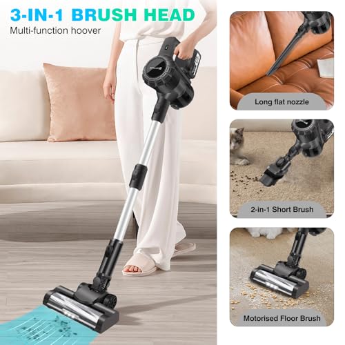 Cordless Vacuum Cleaner, 6 in 1 Lightweight Stick Vacuum, 22Kpa Powerful Suction Handheld Vacuum with 2 Speed, LED Light, 180° Rotatable Brush, 45 Min Runtime for Carpet, Hard Floor, Pet Hair, Car