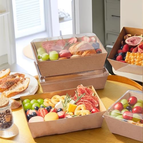 Tazweeq 20 Pack Charcuterie Boxes with Clear Lids, Disposable Paper Bakery Boxes, Food Containers to Go for Strawberries, Cupcakes, Pizza, Donuts, Party, Wedding, Outdoors and Home Use (19*8.5*6.5cm)