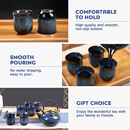 DUJUST Japanese Tea Set for 6, Kiln Altered Glaze Porcelain Tea Set with 1 Teapot, 6 Tea Cups & 1 Tea Tray, Unique Chinese Tea Sets for Adults/Tea Lovers/Women/Men, Blue