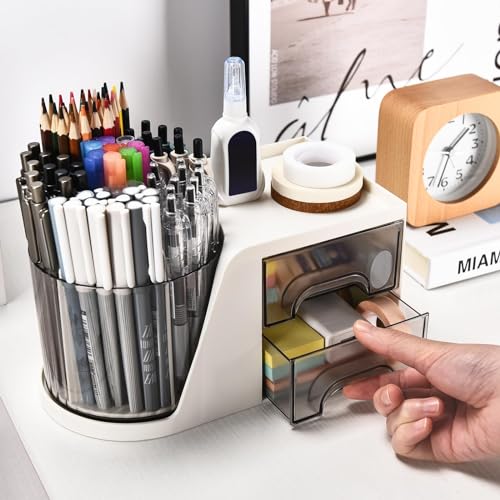 Excefore Modern Chic Desk Organizer with 2 Drawer, 360° Rotating Pencil Pen Holder, 5 Compartments + Drawer for Office Home Art Supplies, White