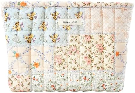 Sminra Floral Makeup Bag Large Cotton Quilted Cosmetic Makeup Bag Organizer, Aesthetic Portable Pouch Purse Toiletry Bag for Women Girls Travel accessories(Blue Floral-L)
