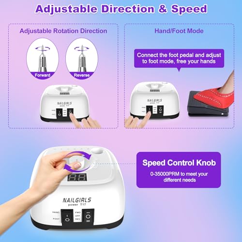 NAILGIRLS Electric Nail Drill, 11 in 1 Nail Drill Set Electric Nail Files Professional 35000RPM Acrylic Nails Gel Nails Manicure Pedicure Polishing Machine for Home and Salon Use with Foot Pedal,White