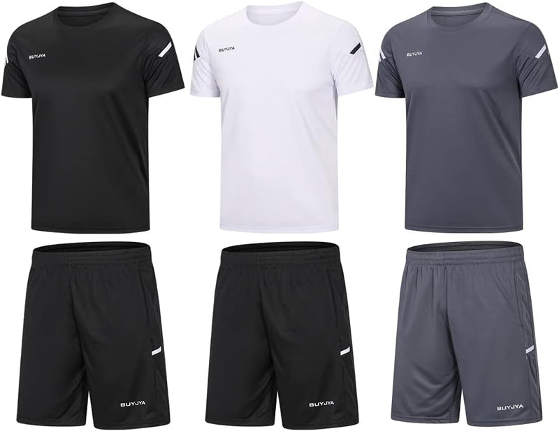 Men's Workout Clothes Athletic Shorts Shirt Set 3 Pack for Basketball Football Exercise Training Running Gym - 3pack(black/White/Grey)