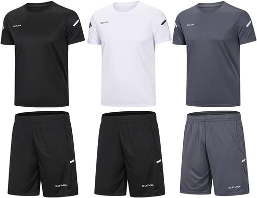 Men's Workout Clothes Athletic Shorts Shirt Set 3 Pack for Basketball Football Exercise Training Running Gym - 3pack(black/White/Grey)