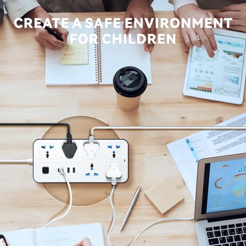 Eli-time Universal Extension Lead with Multiple Function, UK 3 Pin Socket Outlet with 6 Gang | 3 USB Port | 1 Type-C Port,2M Electric Socket Mains Strip for Home,Kitchen,and Office (White)