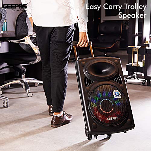 Geepas GMS8519 Rechargeable Trolley Bluetooth Speaker 40000W | 12" Woofer | with Wireless Microphones & LED Lights GMS8519 Geepas