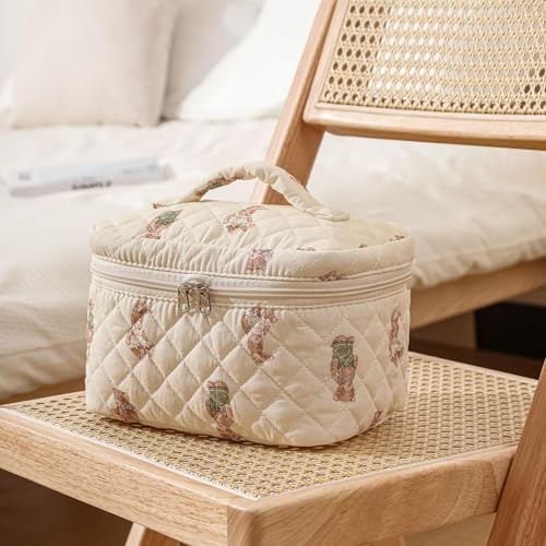 Makeup Bag, 3 Pieces Large Floral Quilted Makeup Bag Set for Women, Cotton Quilted Big Cosmetic Bag, Cute Makeup Bag Pouch Storage Bag, White Bear Pattern