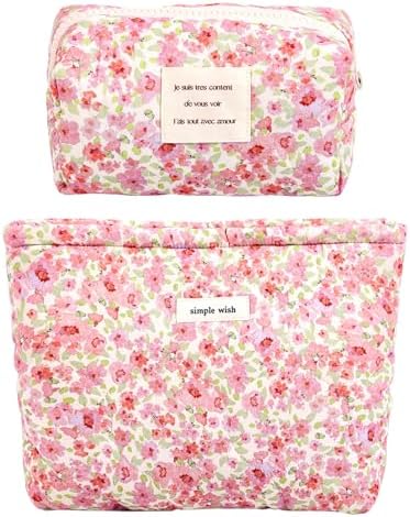 Azonee 2 Pcs Floral Makeup Bag Large Travel, Cotton Quilted Cosmetic Makeup Bag Organizer, Cute Coquette Aesthetic Zipper Portable Pouch Purse Toiletry Bag for Skincare Cosmetics (Pink Floral flowers)