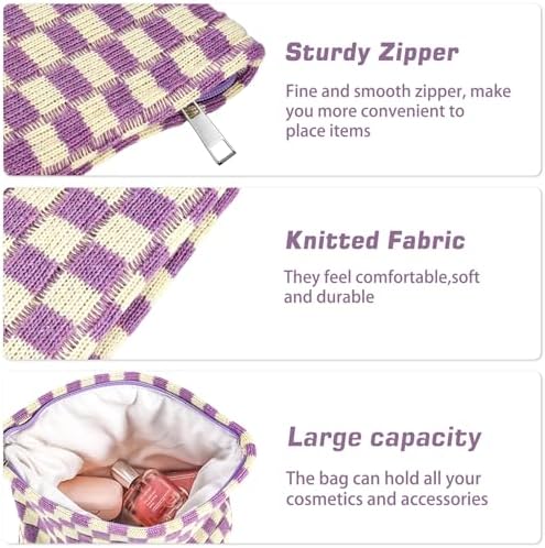 ZLFSRQ 3Pcs Checkered Makeup Bag for Women Large Cosmetic Bag Set Travel Toiletry Bag Makeup Pouch Bag for Purse Pink Zipper Storage Bag Organizer Cute Small Aesthetic Girls Car Essentials Bag