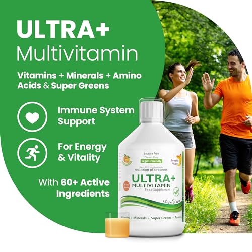 Swedish Nutra - Ultra+ Multivitamin Liquid Food Supplement - Pack of 500 ml, 33 Day Supply | Packed with Vitamins, Minerals, Super Greens & Aminos to Boost Energy & Immunity I Natural Orange Flavour