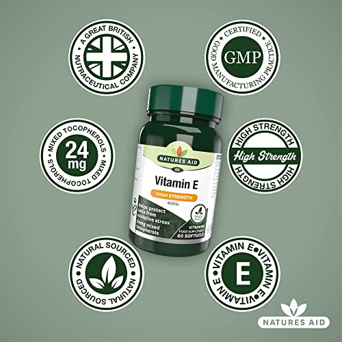 Natures Aid Vitamin E High Strength 400iu | 60 Softgels | Helps Protect Cells from Oxidative Stress | 24mg Mixed Tocopherols