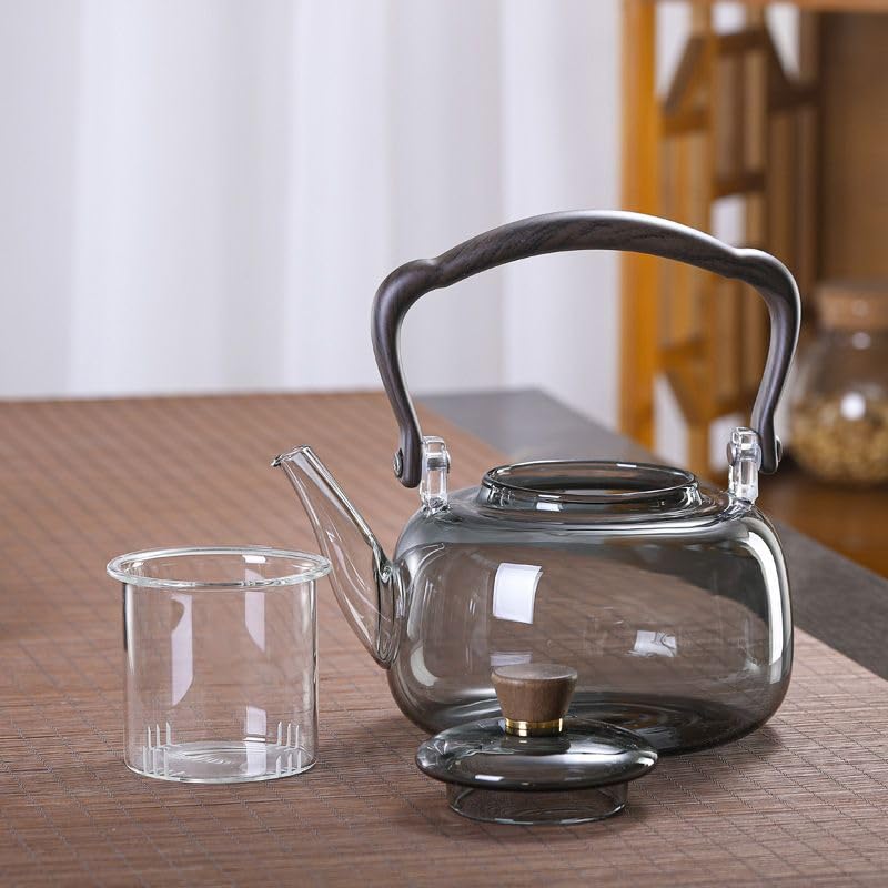 black 1L Borosilicate Glass Teapot Stovetop safe ï¼ŒLoose Leaf and Blooming Tea Maker, Christmas GiftGlass Tea Kettle with Wooden Handle,Large Size for Women and Adult (black teapot)