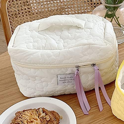 Juoxeepy Cotton Makeup Bag Large Travel Cosmetic Bag Quilted Cosmetic Pouch Coquette Aesthetic Floral Toiletry Bag, A-White, 10x5.9x5.3in