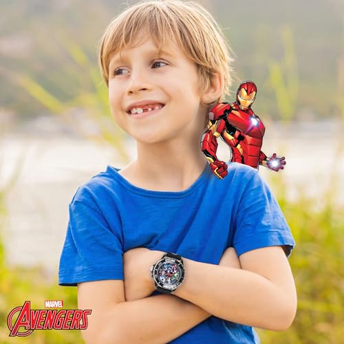 Marvel Avengers Adventure Analog Quartz Kids' Watch with Flashing LED Lights - Superhero Icons Band, Japanese Movement, Black