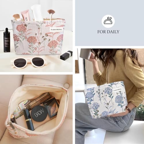 STARDW Flower Cosmetic Bags Makeup Bags for Women and Girls,Travel Makeup Bag Large Capacity Canvas Makeup Bag,Makeup Organizer Bag Zipper Pouch, Embossed pink, Large Capacity Aesthetic Makeup Bags