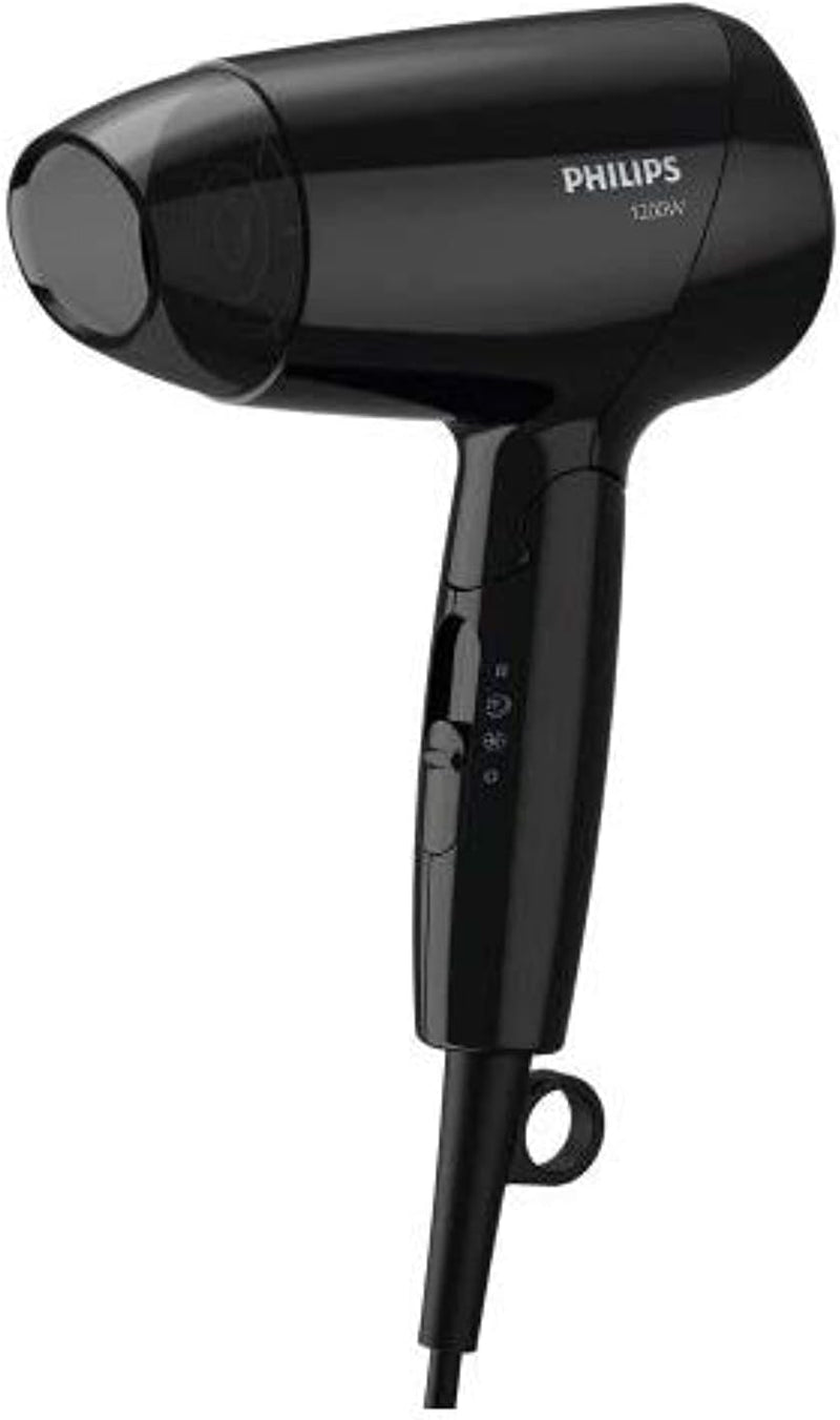 Philips Essential Care. Thermoprotect. Foldable. 1200W. Dc Motor. 3 Heat/Speed Settings + Cool Shot. No Ions. Easy Storage Hook. Concentrator. 1.5M. 3 Pin, Bhc010/13. 2 Years Warranty - BHC010, Black