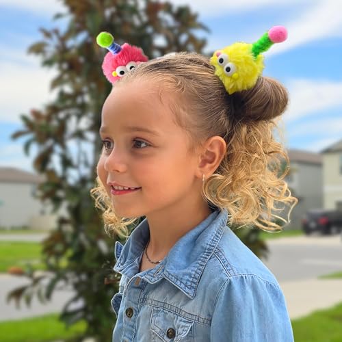 HZYH Fluffy Pom Poms Hair Clip For Girls, Cartoon Hair Barrettes For Kids, Colorful Hair Clips For Toddler, Quirky Little Monster Hair Accessory For Halloween, 5 Pieces