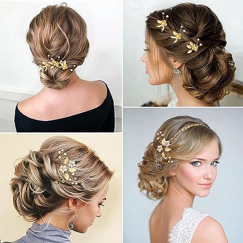 YHOME 4 Pcs Bridal Hair Pins - U Shaped Wedding Clips, Golden Pearl Hair Piece, Floral Accessories for Women Girls Hairstyles Jewelry