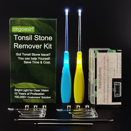 Airgoesin™ 2 Lighted Earwax Removal or Tonsil Stone Remover Tool, 6 Tips, Tonsillolith Pick Case + Irrigator Clean