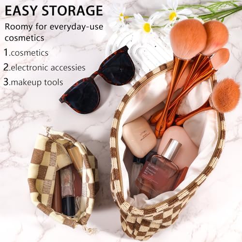 ZLFSRQ 3Pcs Checkered Makeup Bag for Women Large Cosmetic Bag Set Travel Toiletry Bag Makeup Pouch Bag for Purse Pink Zipper Storage Bag Organizer Cute Small Aesthetic Girls Car Essentials Bag