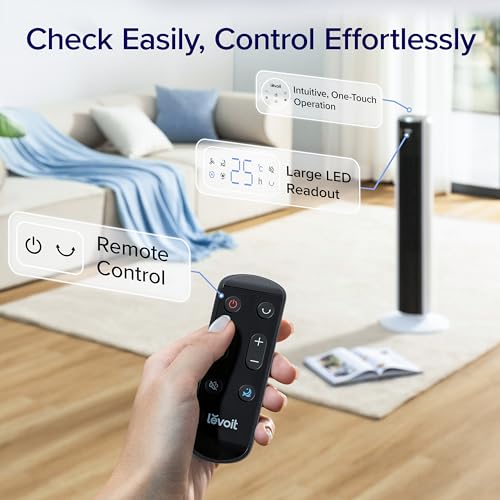 LEVOIT 20dB Silent Tower Fan with Remote Control, 7.9m/s Powerful Fan with DC Motor, 26W Energy, 4 Modes 12 Speeds 12H Timer, Advanced Sleep Mode, Front Display, 90° Oscillation
